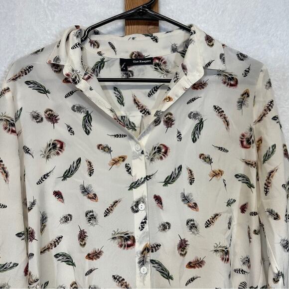 The‎ Kooples 100% Silk Cream Multicolor Boho Feather Print Button Down Top Sz S - Picture 3 of 12